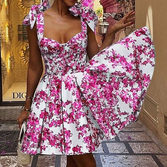 Multicolor Euro Elegant Womens Floral Print Low Cut Halter Mini Dress - Picture 5 of 11